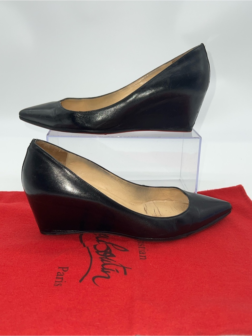Christian Louboutin Pipina Black Leather Pointed Wedge High Heels-Size 37.5